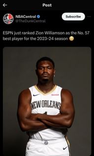 Zion Williamson Ranked No. 57 on ESPN - NBA Central's X Post